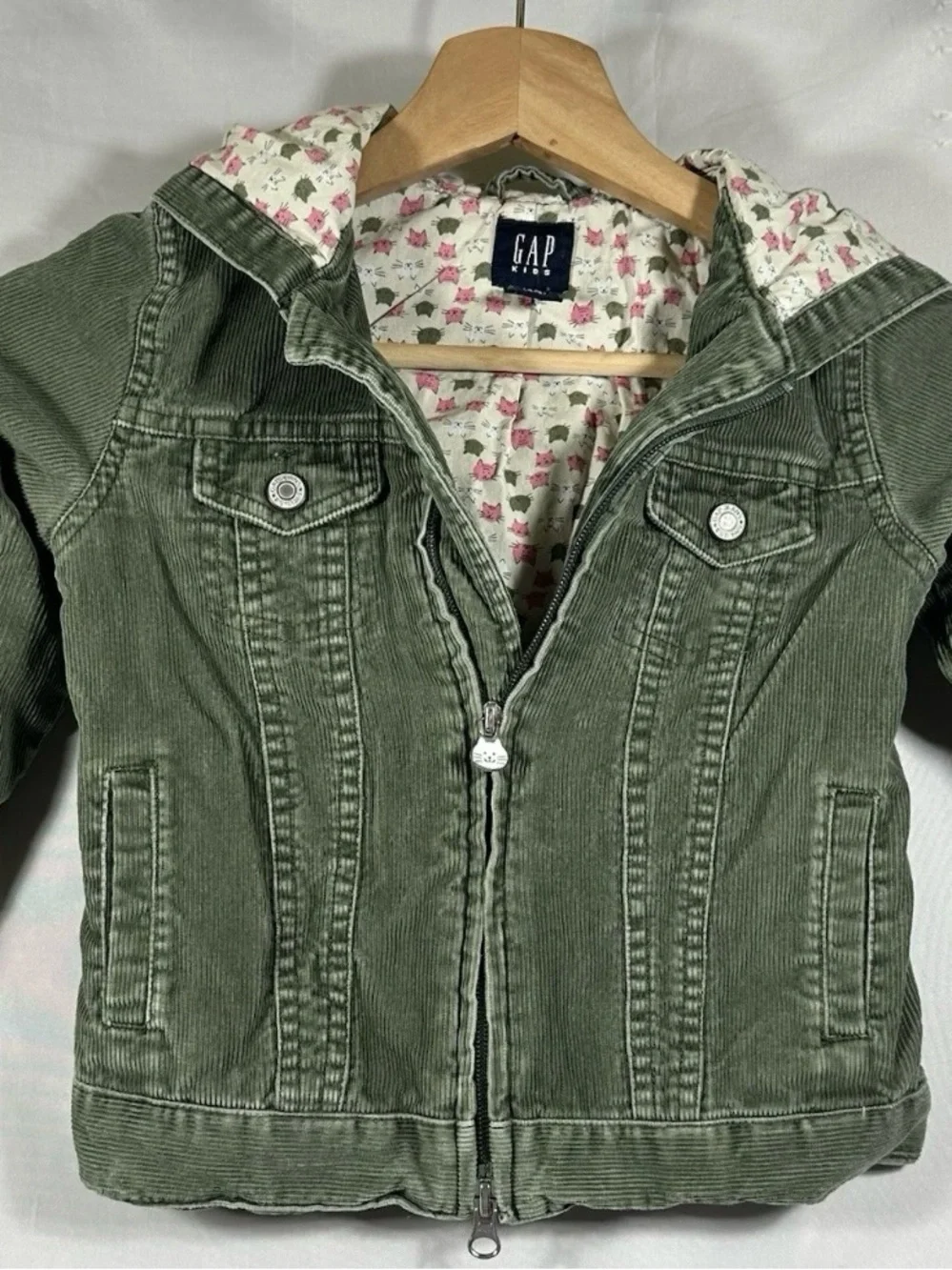 GAP Kids Olive Green Corduroy Hooded Jacket with Floral Lining